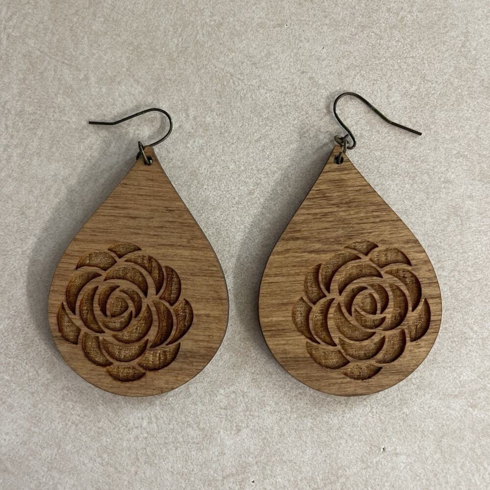 Handcrafted Wooden Teardrop Dangle Earrings with Carved Floral Design Brown
